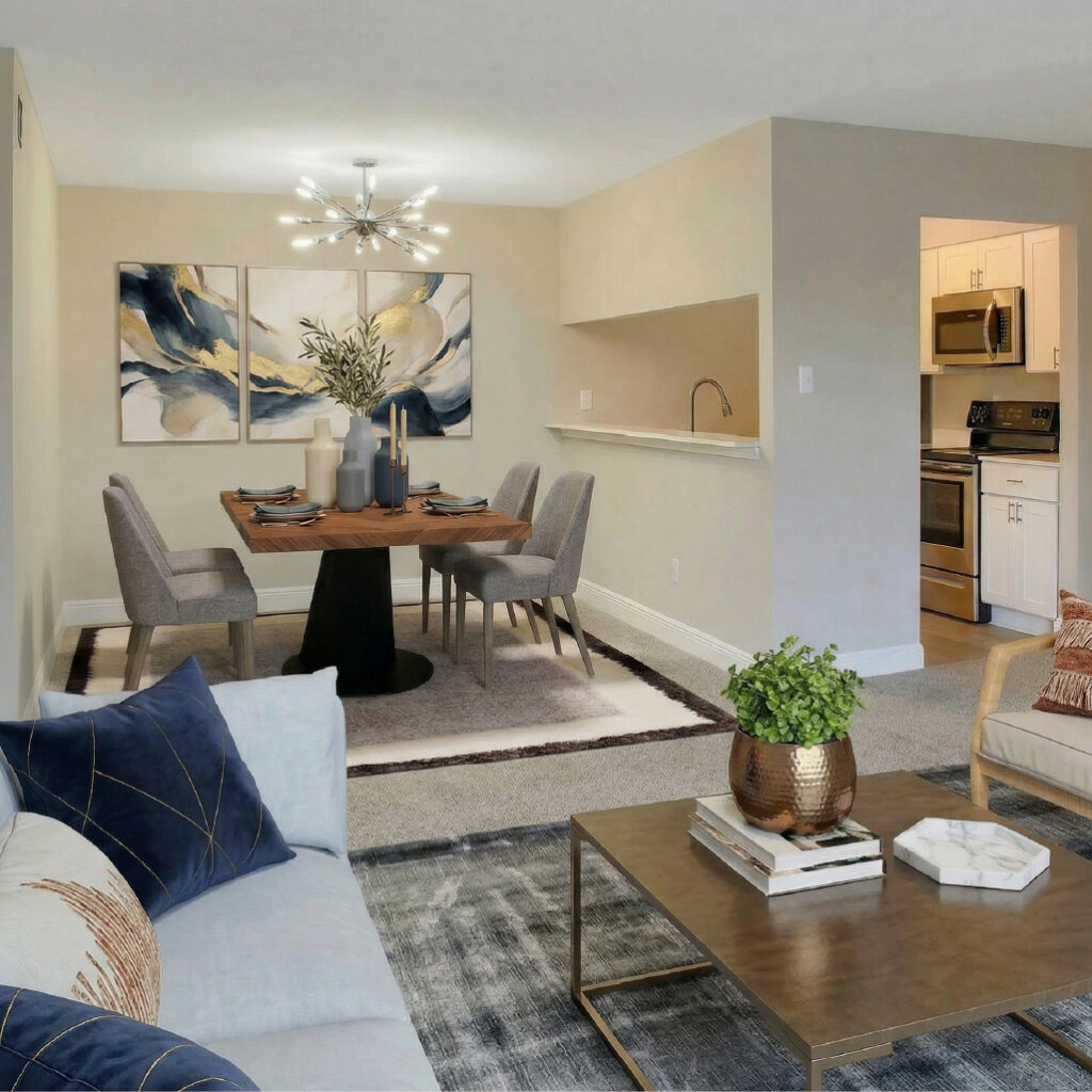 Open-concept living and dining area in an apartment at Riviere Royale New Orleans East