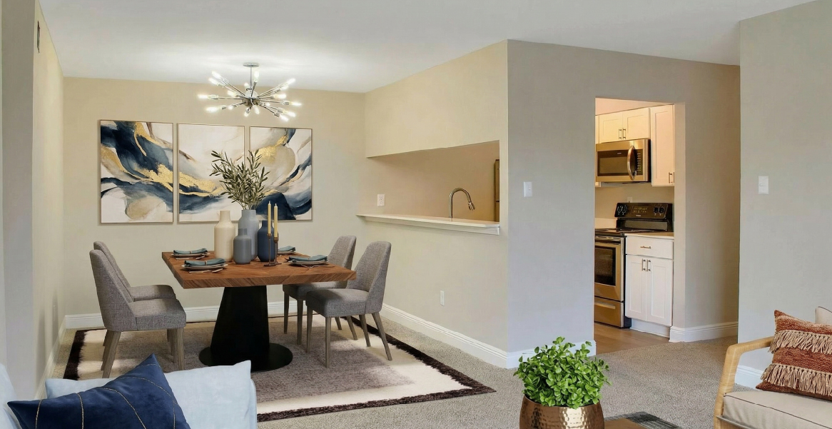 Open dining and kitchen area in an apartment at Riviere Royale New Orleans East